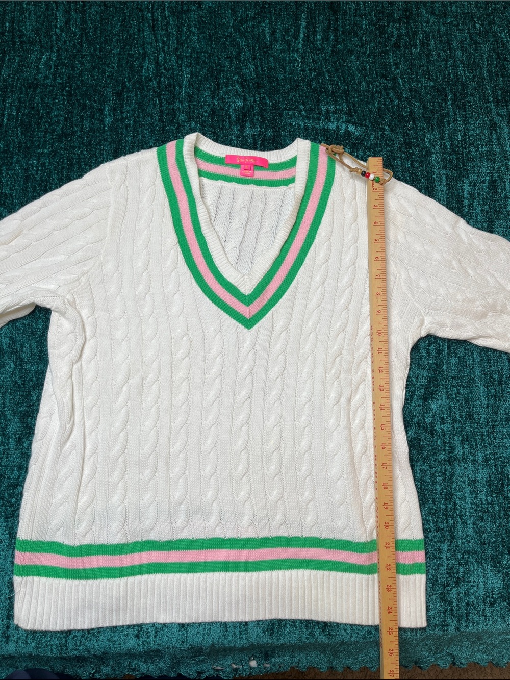 Lily Pulitzer-White Cable-Knit V-Neck Sweater with Green & Pink Trim-XL - Picture 3 of 7